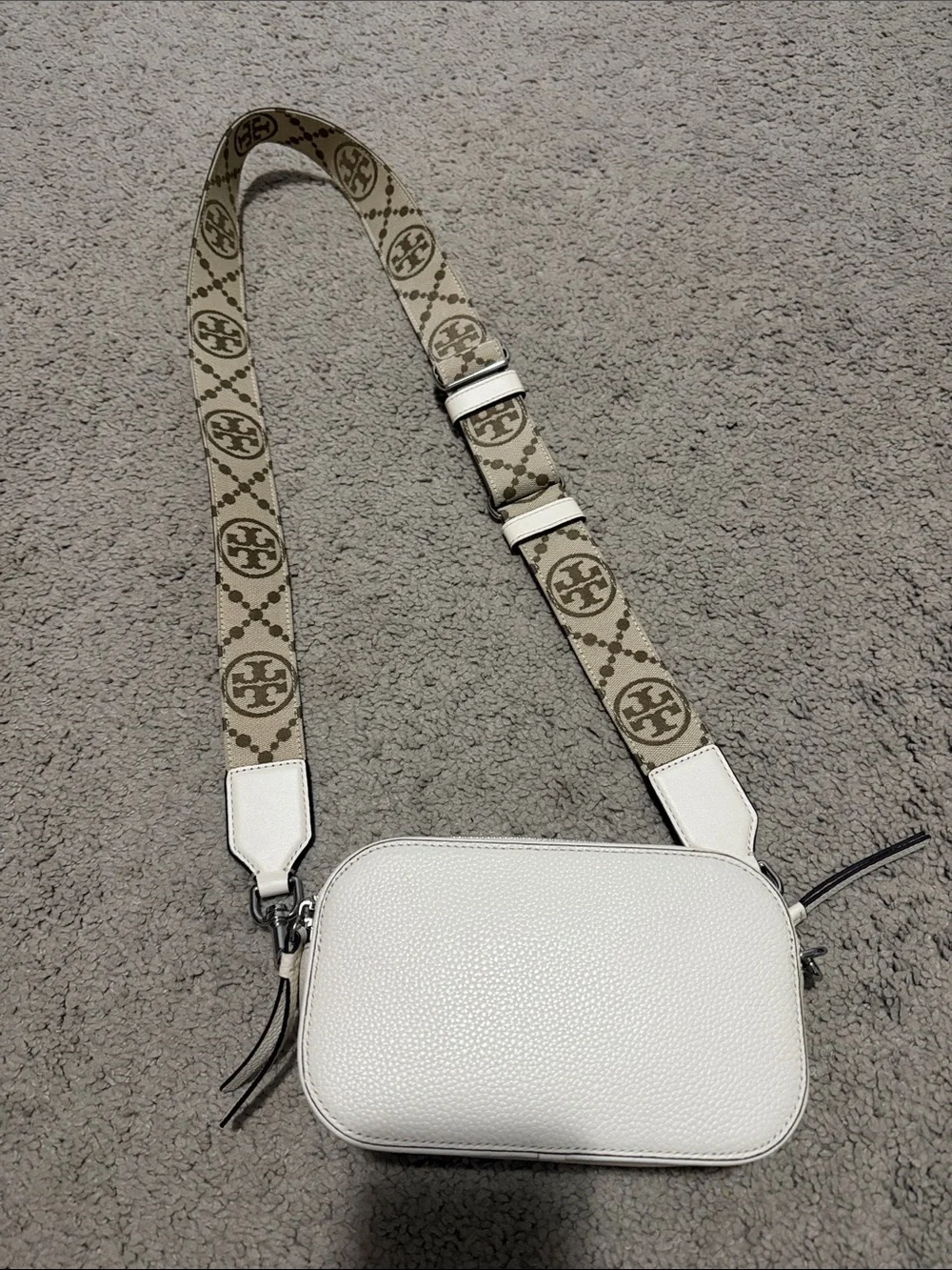 Tory Burch White Pebbled Leather Crossbody with Logo Web Strap